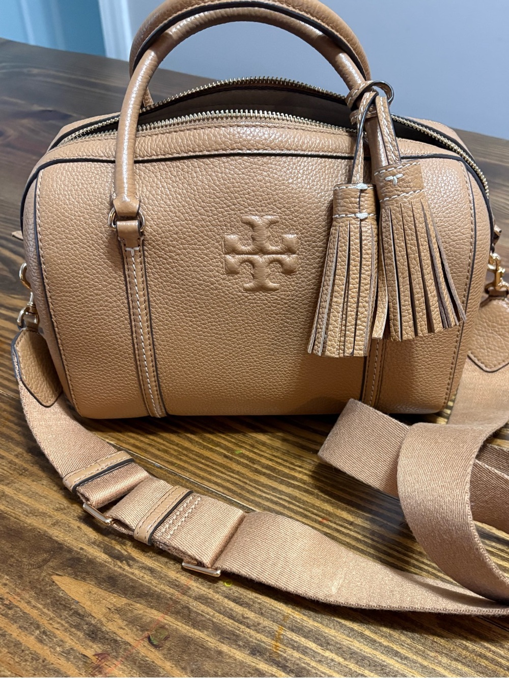 Tory Burch Pebbled Leather Tan Crossbody Dome Bag with Tassels
